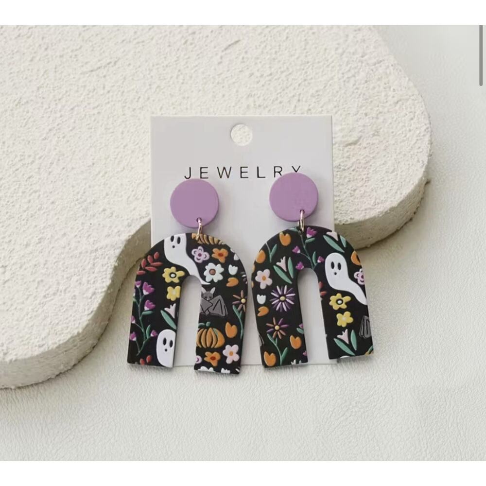 U Shape Purple Colorful Halloween Acrylic Dangle Earrings Boho Style Trendy, NEW